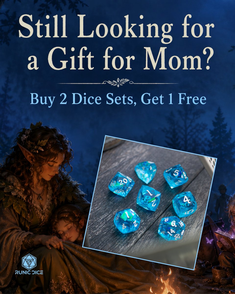 RunicDiceShop's tweet image. Still looking for a Mother’s Day gift? 🎲💐

Buy 2 Dice Sets, Get 1 Free with code FORMOMB2GO.

Free USA shipping included.

Simple, thoughtful, and something she’ll actually use at the table.

Shop now at runicdice.com

#mothersday #dnd #dice #dicecollector #ttrpg #rpg