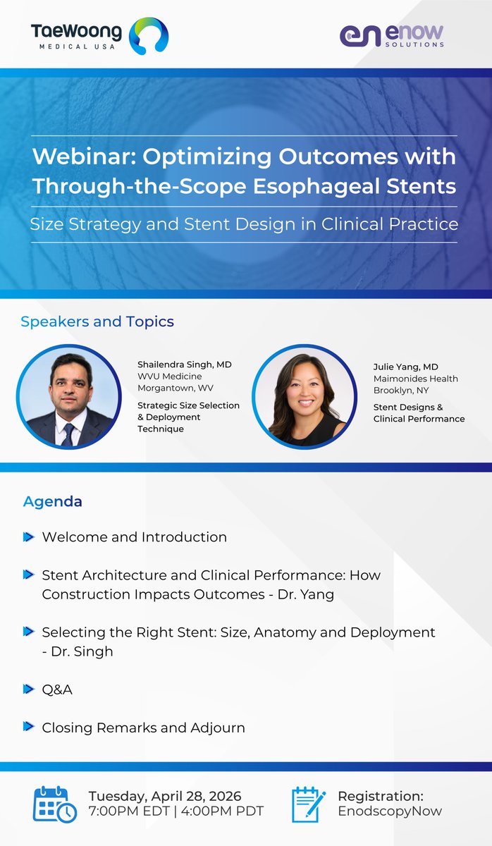 TaeWoongUSA's tweet image. Last Chance to Register: Optimizing Outcomes with Through-the-Scope Esophageal Stents

Tuesday, April 28, 2026
7:00 PM EDT | 4:00 PM PDT

Register now:
Mobile (EndoscopyNow app): lnkd.in/gVbyN4qd
Desktop (Zoom): lnkd.in/gmPZcMfQ

#Endoscopy #Gastroenterology #Stents