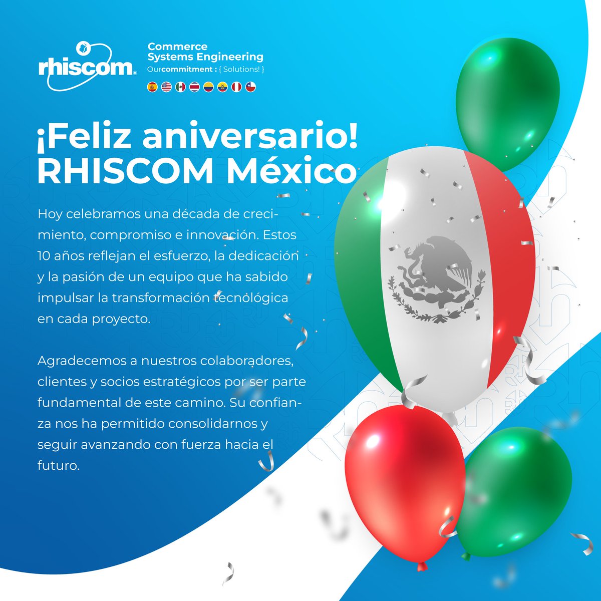 Rhiscom's tweet photo. ¡Feliz aniversario! RHISCOM México! 💚🤍❤

Hoy celebramos una década de crecimiento, compromiso e innovación. Estos 10 años reflejan el esfuerzo, la dedicación y la pasión de un equipo que ha sabido impulsar la transformación tecnológica en cada proyecto. https://t.co/gxW8RrqaRR