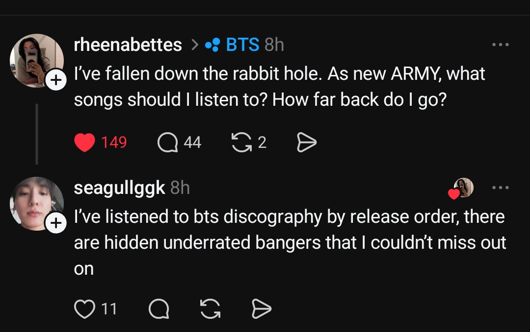 so many baby armys sharing their experience on threads 🥺