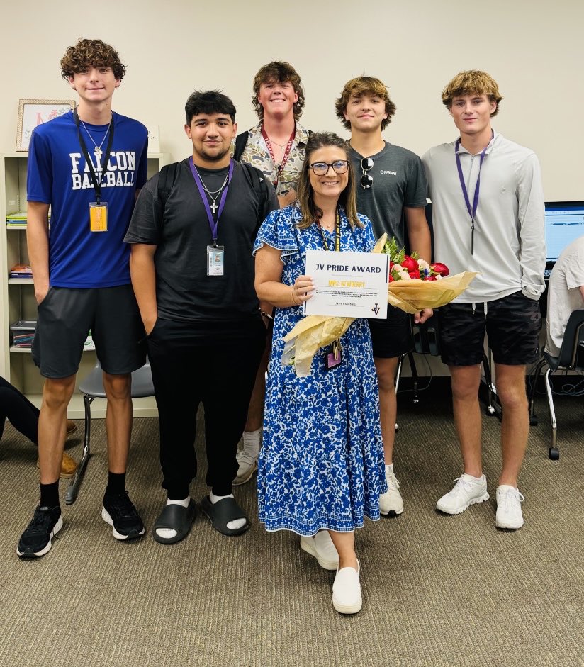 JVFalconBB's tweet photo. The Falcon Baseball Team would like to recognize Mrs. Newberry as our choice for the JV Pride Award for all that she does for our athletes and all of her students here at JV! We appreciate you! @JVHSSEM @jvhsprincipal @jvfalconsath @CoachVasquez12 @CoachNorris3 https://t.co/P1VXiHQQEF