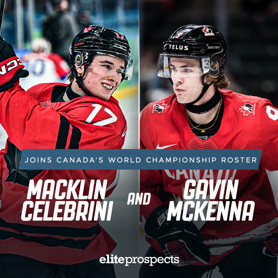 eliteprospects's tweet image. Macklin Celebrini &amp;amp; Gavin McKenna have been added to Canada’s World Championship roster. 🇨🇦

#EliteProspects #Hockey #NHL