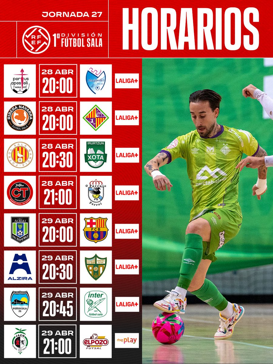 FutSalRFEF's tweet image. ⏰ 𝐇𝐨𝐫𝐚𝐫𝐢𝐨𝐬 𝐉𝐨𝐫𝐧𝐚𝐝𝐚 2⃣7⃣ #PrimeraDivisiónFS.

8⃣ partidazos por delante para disfrutar este martes y miércoles.

📺 El @JaenFS 🆚 @ElPozoMurcia_FS podrá seguirse en directo, en @rtveplay, el miércoles 29 a las 21h.

#FutsalRFEF