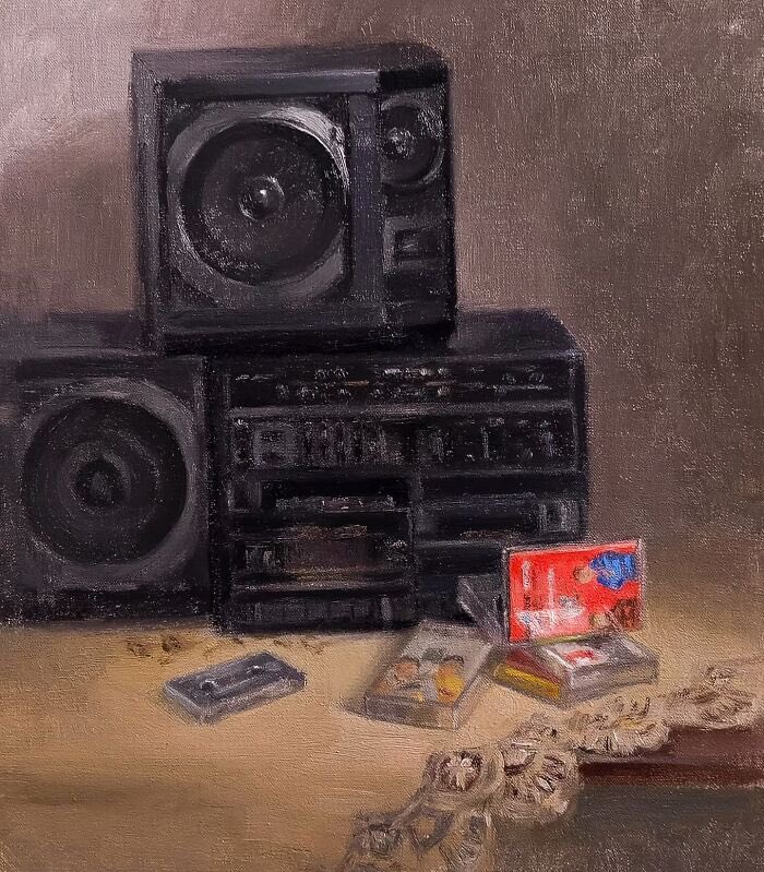 “Autoconcurențā” by Lucian Prună, 2024. Oil on canvas.