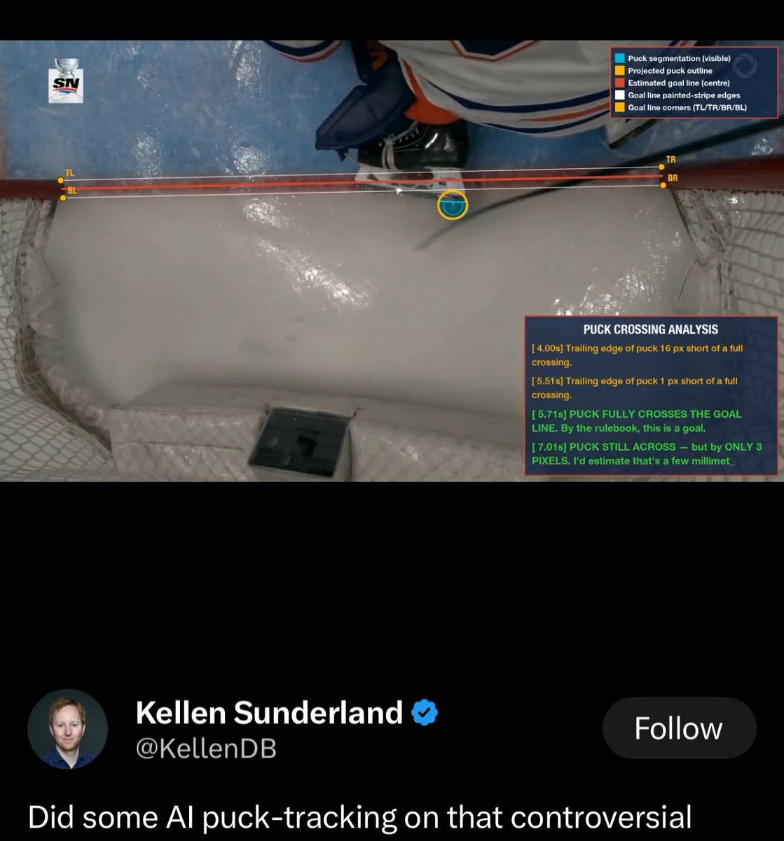 <a href="/Carolina_2463/">Thom</a> <a href="/ryanwhitney6/">Ryan Whitney</a> I think logically the puck is in, but I understand any oiler fan saying there’s a solid 10% chance if the skate wasn’t blocking it would be called no goal.