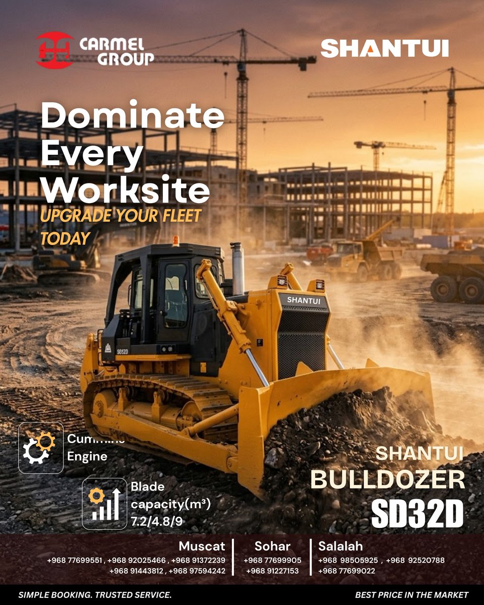 Dominate Every Worksite with the Powerful Shantui SD32D Bulldozer
📍 Available Across Oman
Muscat
📞 +968 7769 9551 | +968 9202 5466 | 
#Shantui #SD32D #Bulldozer #HeavyEquipment #ConstructionMachinery #MiningEquipment #Earthmoving #CarmelGroup #Cummins #ConstructionEquipment