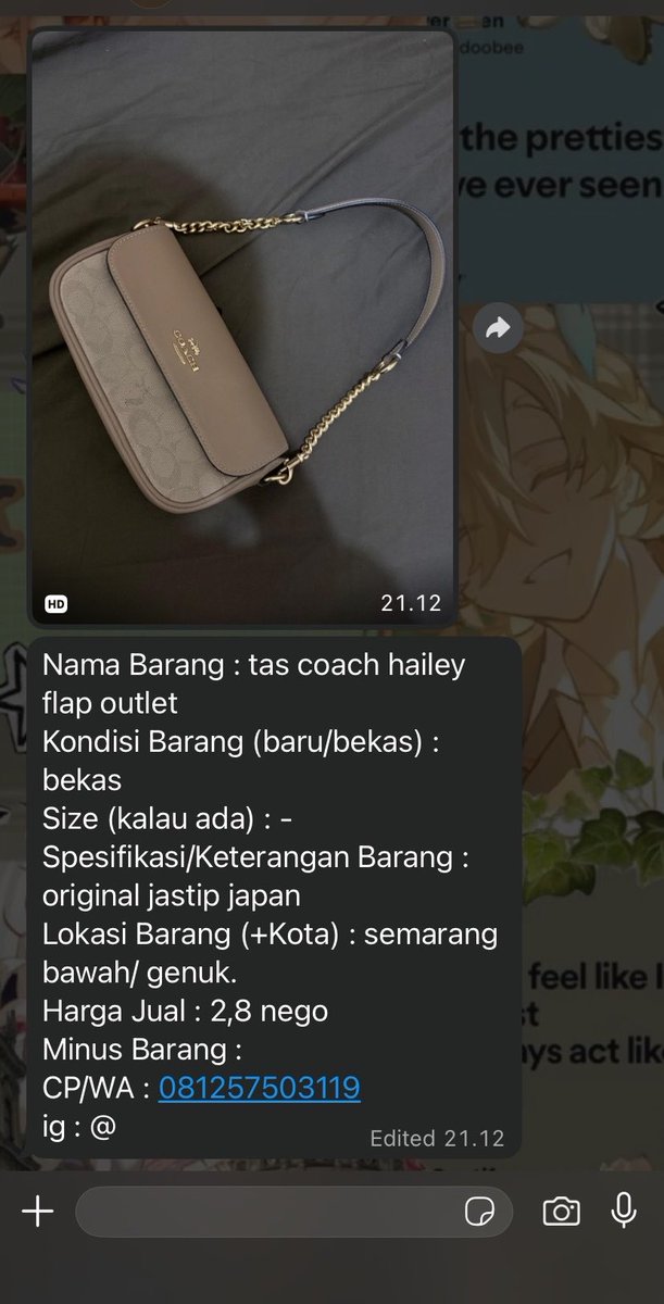 nctrous's tweet image. temen ak preloved tas ch orii, yg mw lgsng wa aja disiniii #preloved #semarang #wts #wtb #zonauang