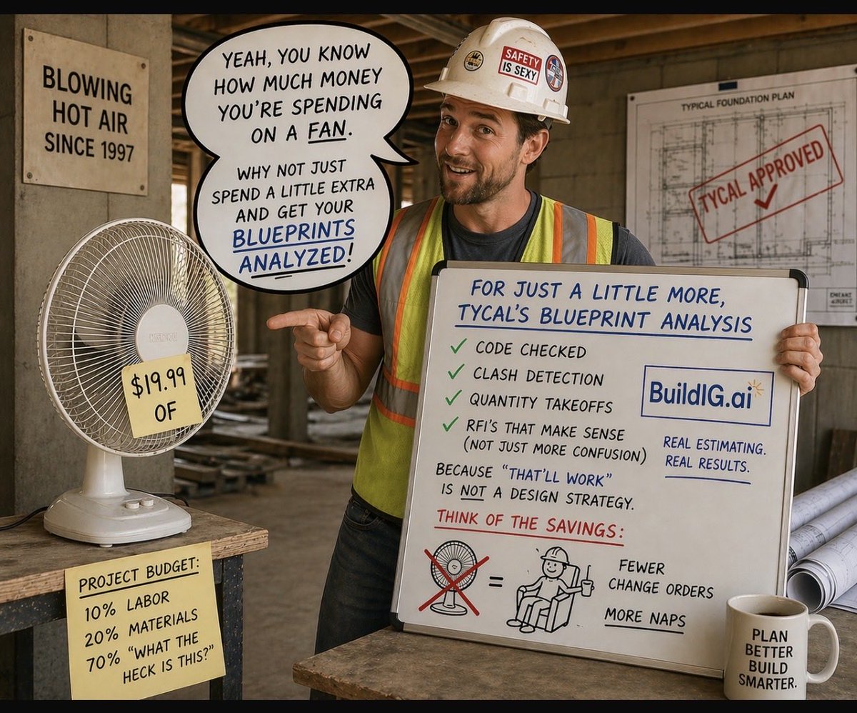 build_IG's tweet photo. Everyone’s spending money on fans… 😅
Smart builders are spending it on clarity.

For just a little more, you get:
Blueprint analysis
Cost breakdowns
Risk detection
Value engineering savings

Translation?
Less chaos. More control. More profit.

Spend smarter. Build better.

Reply “BUILD” or book your 1:1 with a Build IG professional.

#ConstructionMemes #WorkMemes #RelatableAF  #ConstructionLife #ConstructionHumor #BuilderLife #ContractorLife #JobsiteLife #BlueCollar #SkilledTrades