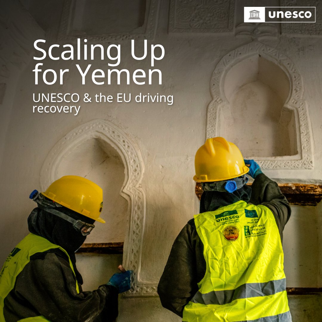 UNESCO's tweet image. Heritage can drive recovery.

With the support of the #EU, @UNESCO helped restore 900+ historic buildings and create jobs for 10,000+ young people in #Yemen.

Yet, after 12+ years of crisis, critical help is still required. UNESCO is mobilizing USD 50 million to support