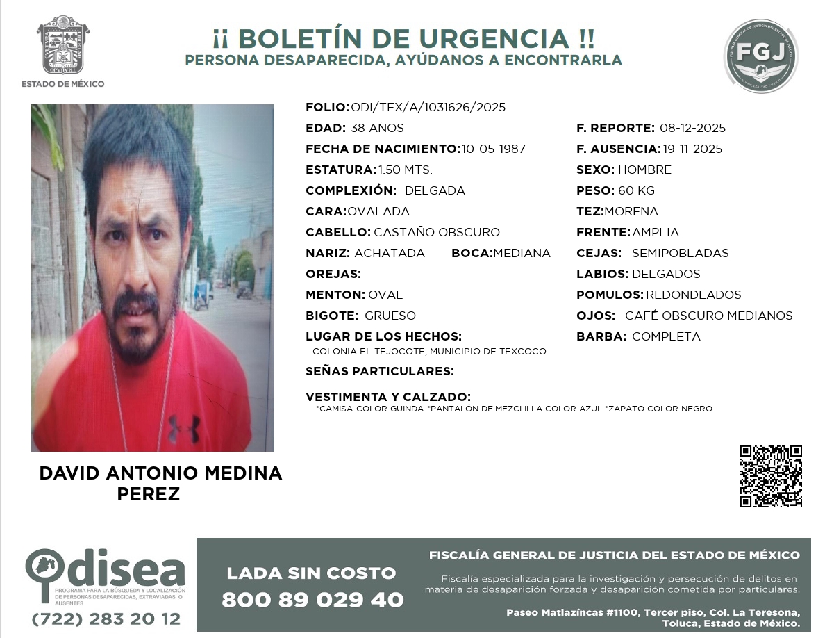 AlertaNeza's tweet image. #BoletínDeBúsqueda | Solicitamos tu apoyo para localizar a #David Antonio Medina Pérez.

Cualquier información relacionada con su paradero, por favor comunícate al 800 89 029 40.