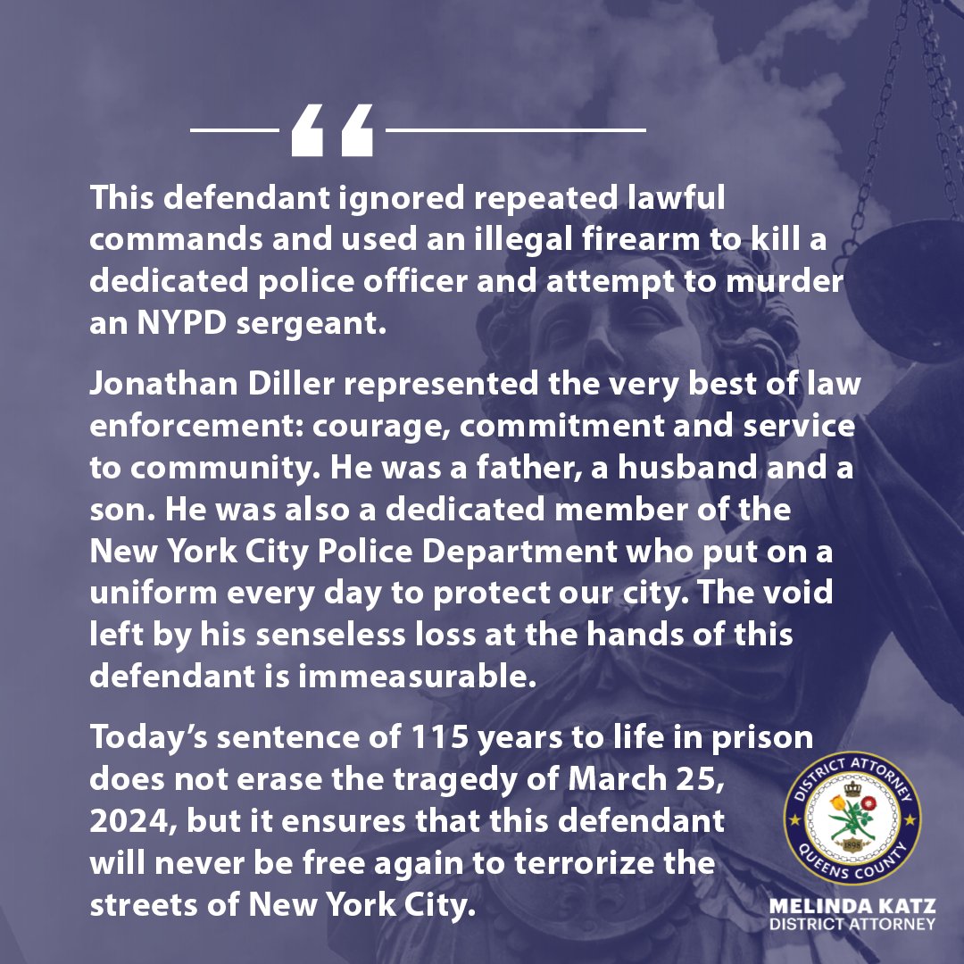 QueensDAKatz's tweet photo. Defendant Guy Rivera was sentenced to 115 years to life in prison for fatally shooting NYPD Detective Jonathan Diller and attempting to murder NYPD Sergeant Sasha Rosen in Far Rockaway on March 25, 2024.

The sentence ensures that this defendant will never be free again to terrorize the streets of New York City. https://t.co/UdIIIeH4lZ