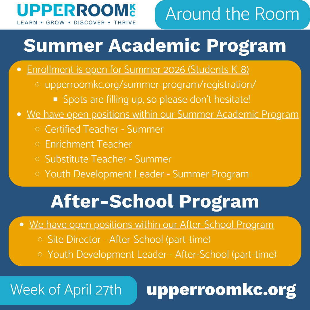 UpperRoomKC's tweet image. With everything going on around Upper Room KC, here's a quick look at the week of April 27th.

For Summer Academic Program enrollment, please visit: upperroomkc.org/summer-program…

For job openings, please visit: upperroomkc.org/careers/

#urkc #summerprogram #afterschool #kansascity