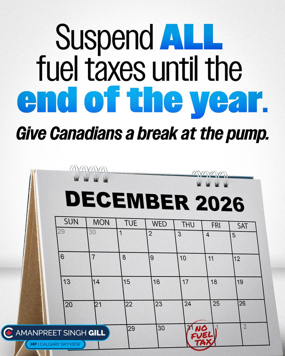 AmanpreetSGill's tweet image. Canadians need real relief.

I support suspending all federal fuel taxes until the end of 2026 so families can catch a break at the pump.

It’s time to bring costs down. 

#cdnpoli #yyc #canadafirst #CPC