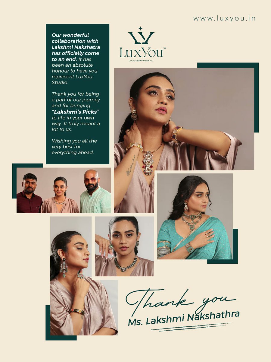 LuxYou_Studio's tweet photo. Thank you for a beautiful journey ✨
Our collaboration with @lakshmi_nakshathra comes to a graceful close.

“Lakshmi’s Picks” became a reflection of elegance and individuality. 💫

Wishing you continued success and new beginnings ahead 🤍

[LuxYou Studio, Lakshmi Nakshatra] https://t.co/g1qzO8lUT9