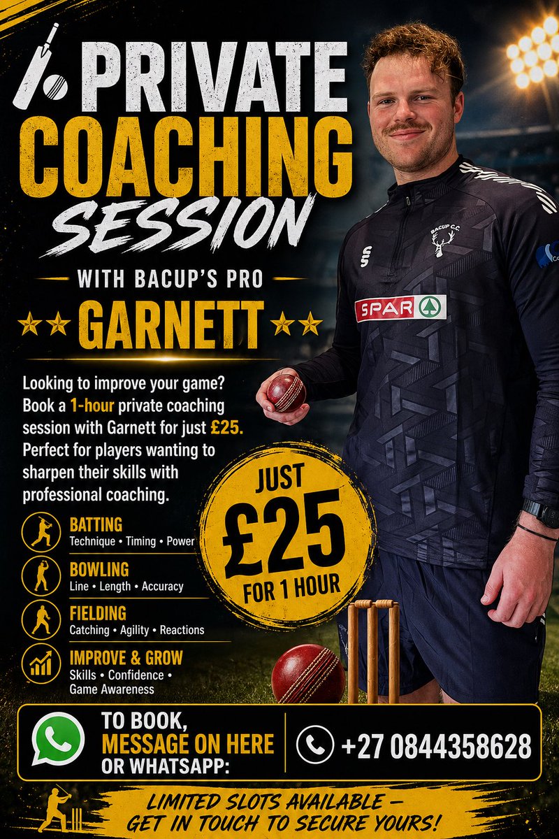 BacupCC's tweet photo. 🏏 Private Coaching Session with Bacup’s Pro 
⭐️GARNETT ⭐️
Looking to improve your gameBook a 1-hour private coaching session with Garnett for just £25. Perfect for players wanting to sharpen their skills with professional coaching
📩 To book, message or WhatsApp: +27 0844358628 https://t.co/h2Ruc2it44