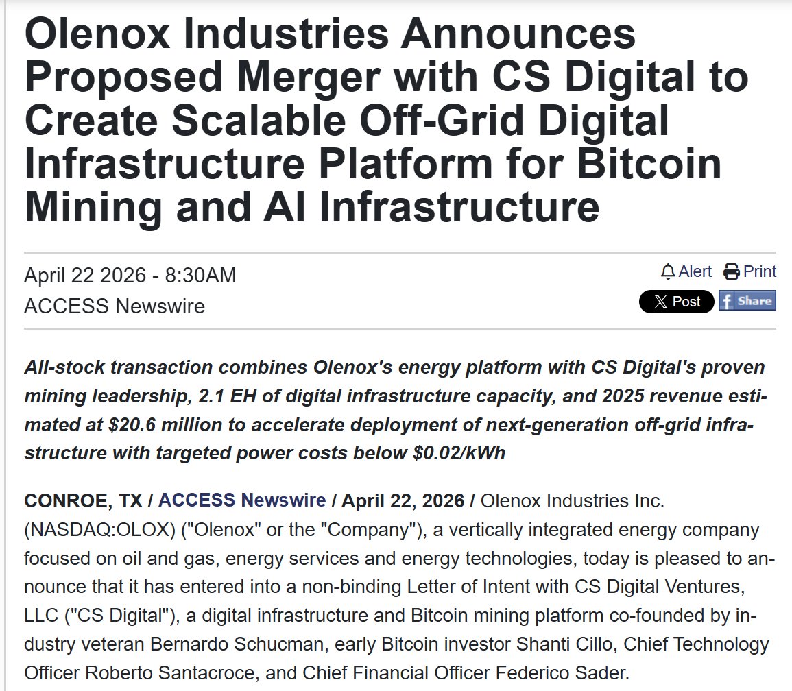 CrusaderStocks's tweet image. $OLOX @jctb1 @olenoxinc Olenox Industries Announces Proposed Merger with CS Digital to Create Scalable Off-Grid Digital Infrastructure Platform for Bitcoin Mining and AI Infrastructure investorshub.advfn.com/stock-market/N… @Nasdaq #BTCUSD #mining #AI