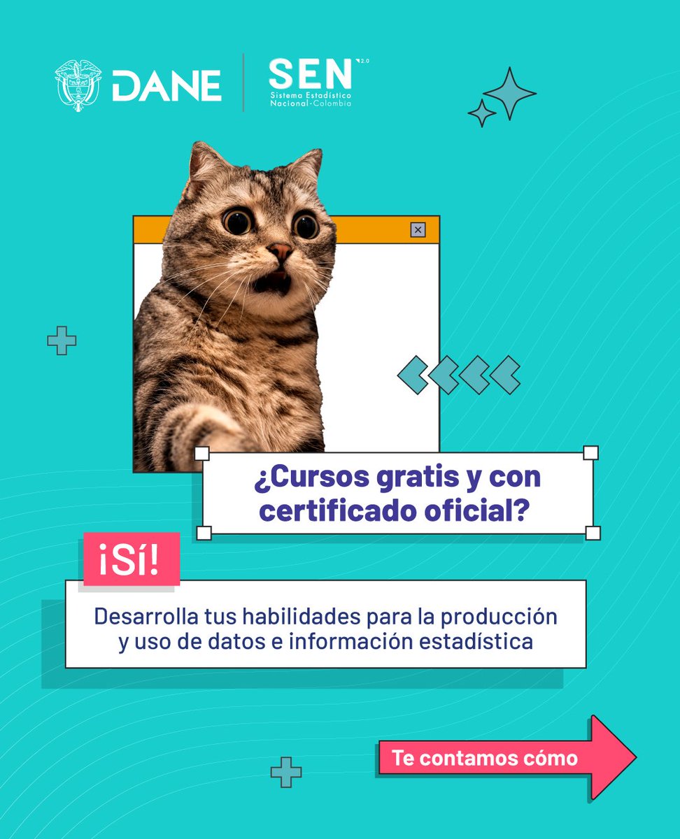 DANE_Colombia's tweet photo. ⏰ ¡Último día para inscribirte!

Aprende sobre datos e información estadística de forma gratuita, en línea y con certificación oficial 👨‍🎓👩‍🎓

📊 Son 11 cursos diseñados para que entiendas, uses y aproveches los datos oficiales del país. https://t.co/St2zn3UDGX