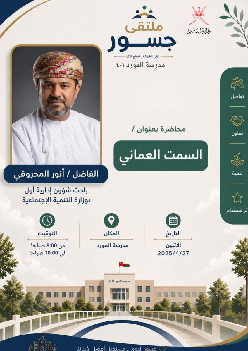 EduGovDkh4413's tweet photo. ضمن فعاليات( ملتقى جسور) قدم الفاضل / أنور بن خالد المحروقي ،باحث شؤون إدارية بوزارة التنمية الإجتماعية ، محاضرة لطلبة الصف الرابع بعنوان (السمت العماني). حيث عكست أصالة القيم وروح الإنتماء. 
#تعليمية_الداخلية https://t.co/OFE9f1I7tO