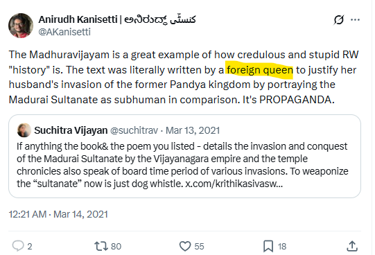 labstamil's tweet photo. This Mallu calling Chhatrapati Shivaji as a "foreign king" for Kerala is part of the broader leftist project. Rudh Kanisetty called Gangadevi, wife of Kumara Kampanna, as a "foreign queen" to the Pandya kingdom. The project is to Break India down to its smaller components and play identity politics around it. And its always dishonestly applied one-way. 

For example, this Keralite chap would never call Ambedkar as a "foreign" Marathi lawyer or Marx as a "foreign" German economist. Even if he does, he wouldn't be invoking the Malayalam identity to call the followers of Marx/Ambedkar in his state as subservient to "foreign" masters.

Infact, he would take pride in being a welcomingly secular state towards "foreign" faiths and their followers, but would invoke the Malayalam card only for Shivaji Maharaj. 
Show me a honest leftist, and I will show you a vegetarian tiger.