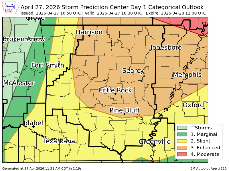 JamesBryantWX's tweet photo. #SPC issues Day 1 Enhanced Convective Risk at Apr 27, 16:50z for LZK https://t.co/ag88P7hMKC https://t.co/KIyBrm8viC