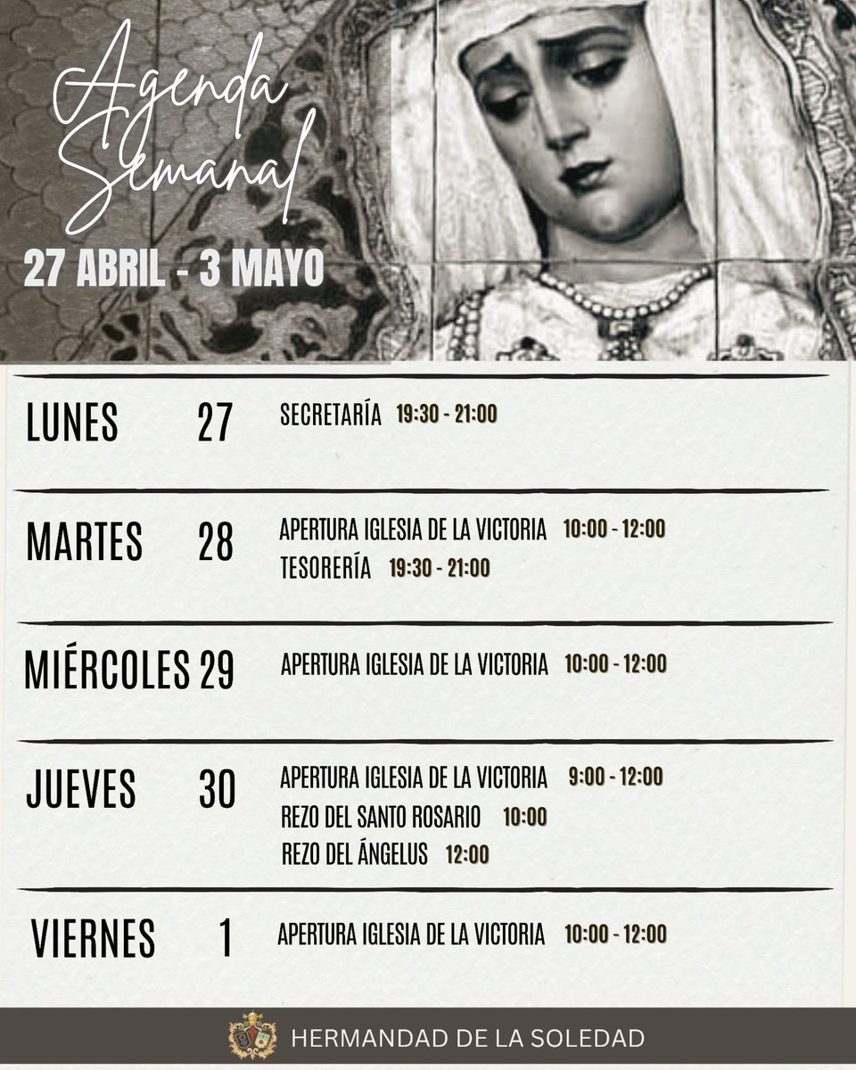 HdadSoledad1564's tweet image. #AGENDA | Agenda Semanal - 27 de Abril al 3 de Mayo.

#ElDescendimientodeOrtegaBru
#AgárratealclavodelaSoledad
#ReinadelaPorvera
💜🖤