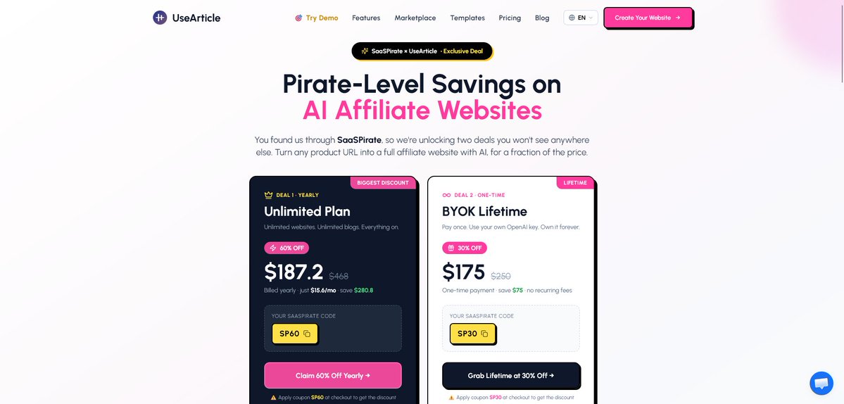 Turn any product link into a full affiliate site💻

UseArticle creates SEO-optimized reviews, comparisons, &amp; complete websites in minutes. No writers. No designers. No plugins.

👉Try UseArticle: saaspirate.com/go/usearticle

#AffiliateMarketing #SEO #ContentMarketing #AI #SaaSPirate