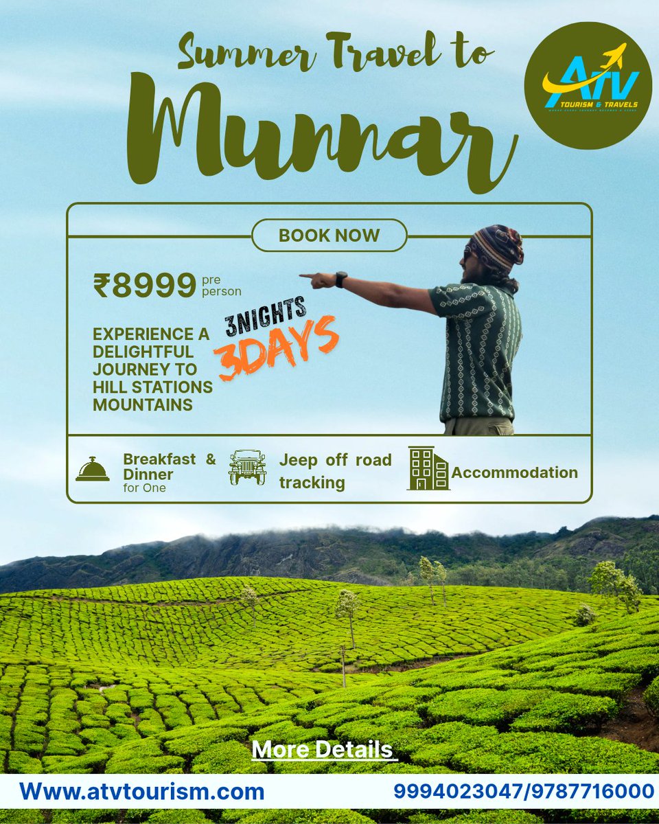 AtvTourism's tweet image. 🌿Escape the summer heat in Munnar
3 Days | 2 Nights starting at just ₹8,999/-
Tea gardens 🍃 | Jeep safari 🚙 | Cool climate ❄️
📞 Book now: 9994023047
#Munnar #KeralaTourism #TravelDeals #HillStation 
#atvtourism