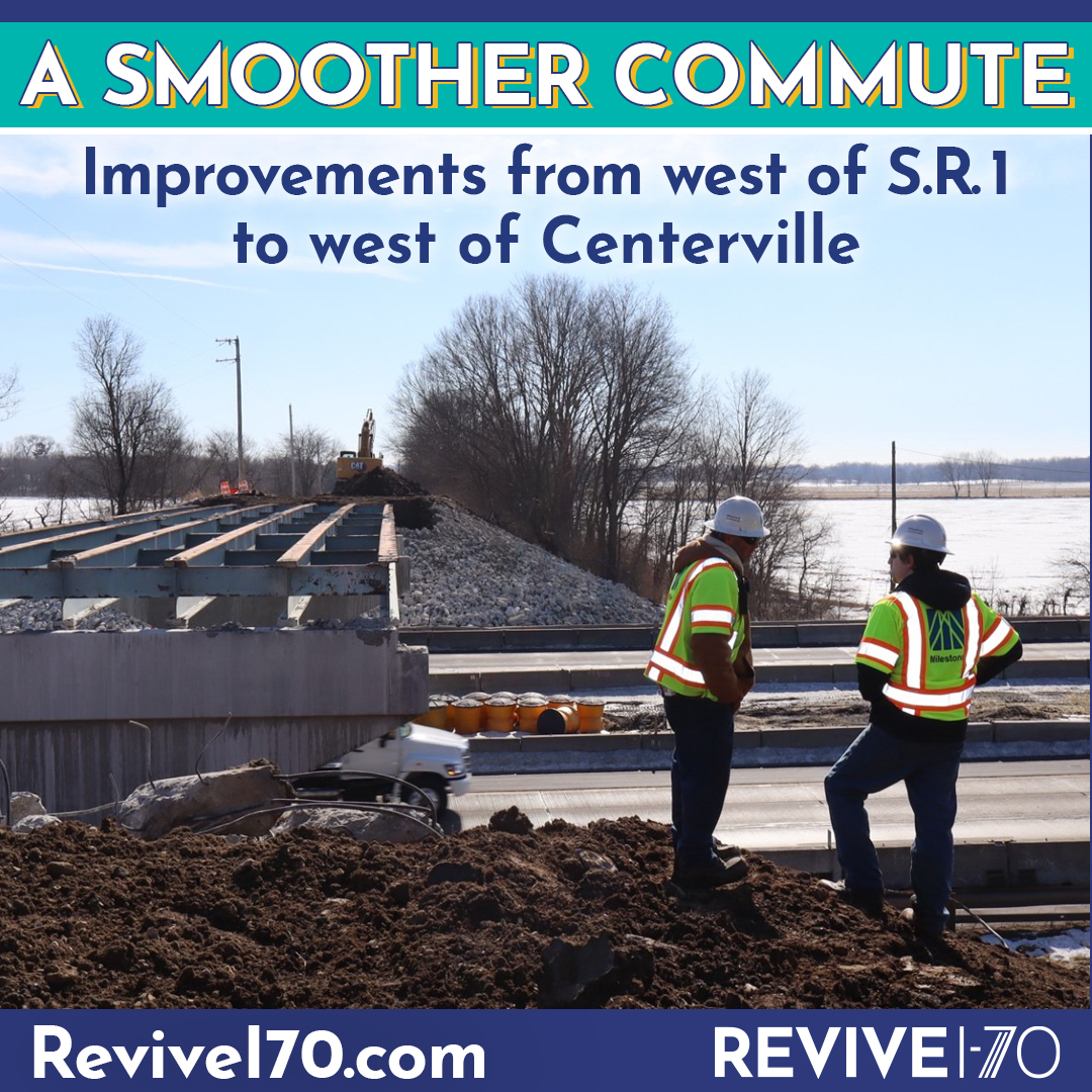 ReviveI70's tweet photo. Work is underway from west of SR 1 to west of Centerville. Pavement rehabilitation &amp; bridge improvements are planned along the 9-mile corridor. Construction is also continuing from west of US 35 to the Ohio state line, where an added travel lane is being added in each direction. https://t.co/Rr6oqck71O