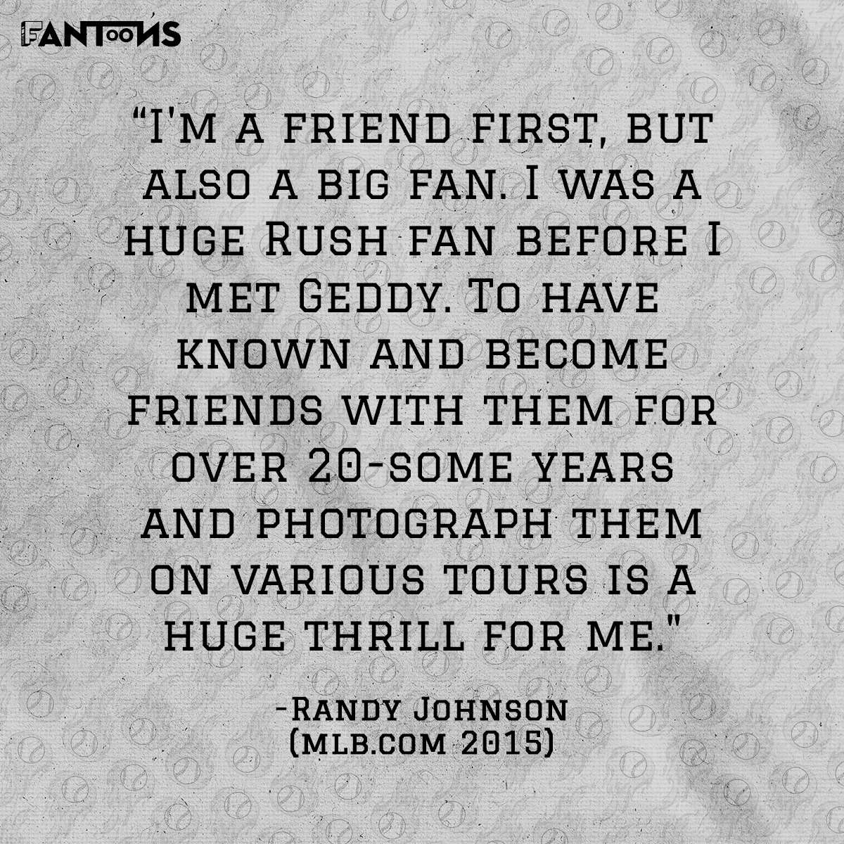 Fantoons's tweet image. A legend on the mound and a massive @rushtheband fan for over 20 years. From the Hall of Fame to the front row, "The Big Unit" shares his love for the music and his incredible journey behind the lens.

@rj51photos #RandyJohnson #Rush #TheBigUnit #GeddyLee #Fantoons
