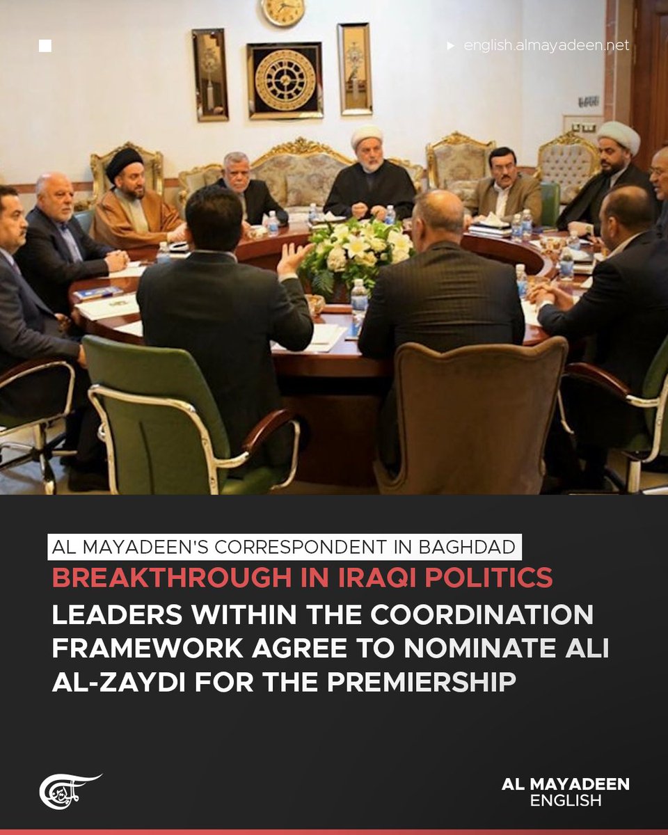 MayadeenEnglish's tweet image. A political breakthrough has emerged in #Iraq, as key leaders within the Coordination Framework, including Prime Minister Mohammad Shia al-Sudani, former premier Nouri al-Maliki, and Popular Mobilization Forces chief Faleh al-Fayyad, have agreed to nominate Ali al-Zaydi as a