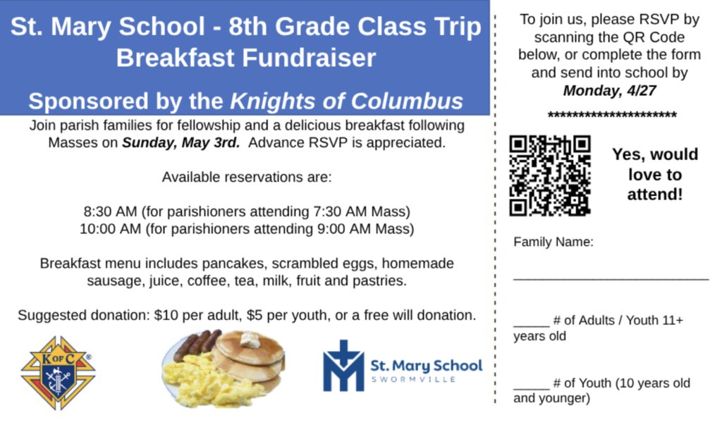 SMSSwormville's tweet image. LAST CALL to support grade 8's class trip!
🚘 Delta Sonic Fundraiser (ends 5/1): tinyurl.com/33jd94bj
🍩 Donut Sale (after Masses 5/2 &amp;amp; 5/3)
🥞 Pancake Breakfast (5/3, RSVP TODAY): tinyurl.com/54255wuv

#Classof2026 #DeltaSonic #KrispyKreme #pancakebreakfast #KofC
