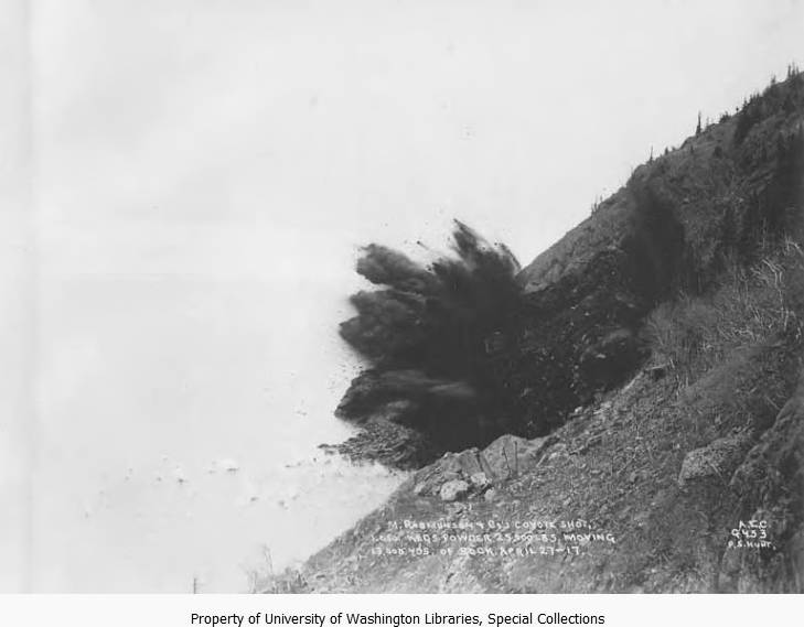 ANC_Historian's tweet image. April 27, 1917, 109 years ago today, Alaska Railroad workers using dynamite at mile 95 along the Turnagain Arm, between Girdwood and Potter Creek. Photos of before, during, and after explosion. #alaskahistory #alaska
