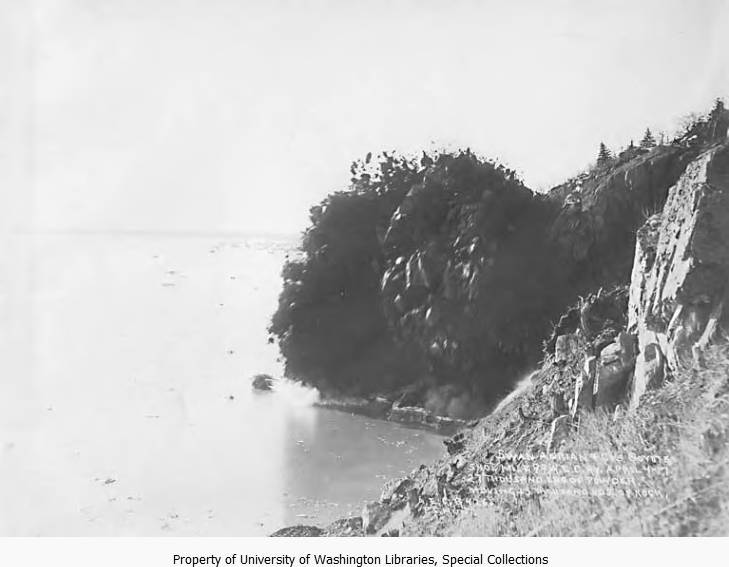 ANC_Historian's tweet image. April 27, 1917, 109 years ago today, Alaska Railroad workers using dynamite at mile 95 along the Turnagain Arm, between Girdwood and Potter Creek. Photos of before, during, and after explosion. #alaskahistory #alaska