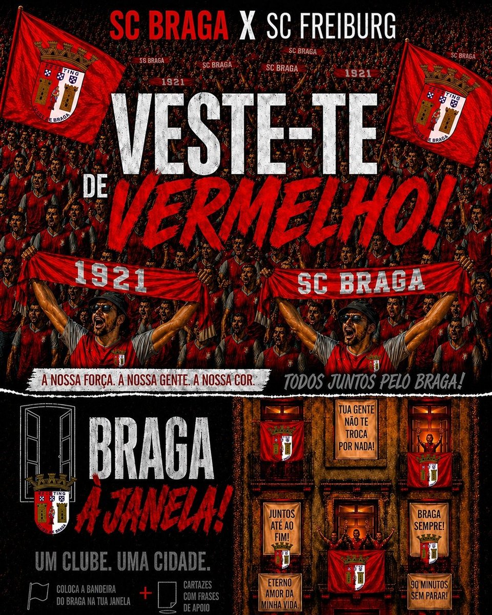 SCBMCMXXI's tweet photo. Cachecóis, Bandeiras e Cartazes à janela. 🪧🏠

Quinta-feira, TODOS à Pedreira de VERMELHO 🔴 a apoiar o Mágico para a vitória!

Partilhem com todos os vossos familiares e amigos. TODOS JUNTOS PELO SC BRAGA! https://t.co/pLnVI4ov4o