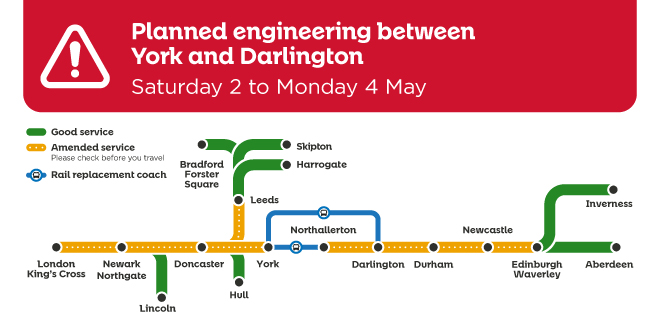 LNER's tweet image. ℹ️ #LNERUpdate Early May Bank Holiday travel information: planned engineering works are happening between #York and #Darlington from Saturday 2 to Monday 4 May. 

Please plan ahead and check before you travel: 👉  lner.co.uk/travel-informa…