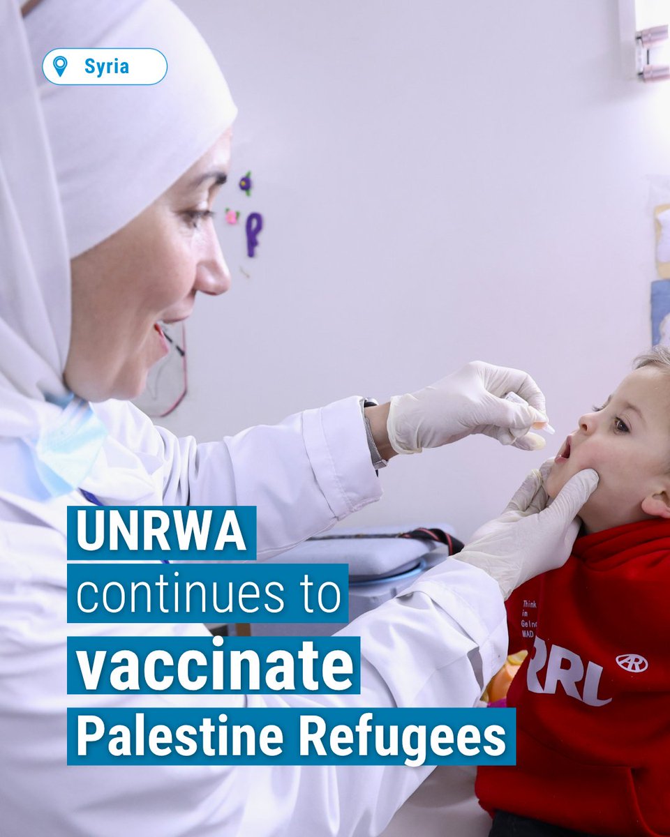 UNRWA's tweet image. In #Syria, children continue to receive vaccines through UNRWA health centres and schools.

Since the start of 2026, around 6,000 children have been vaccinated.

For families, this means protection for children and adults alike.

#WorldImmunizationWeek #UNRWAworks