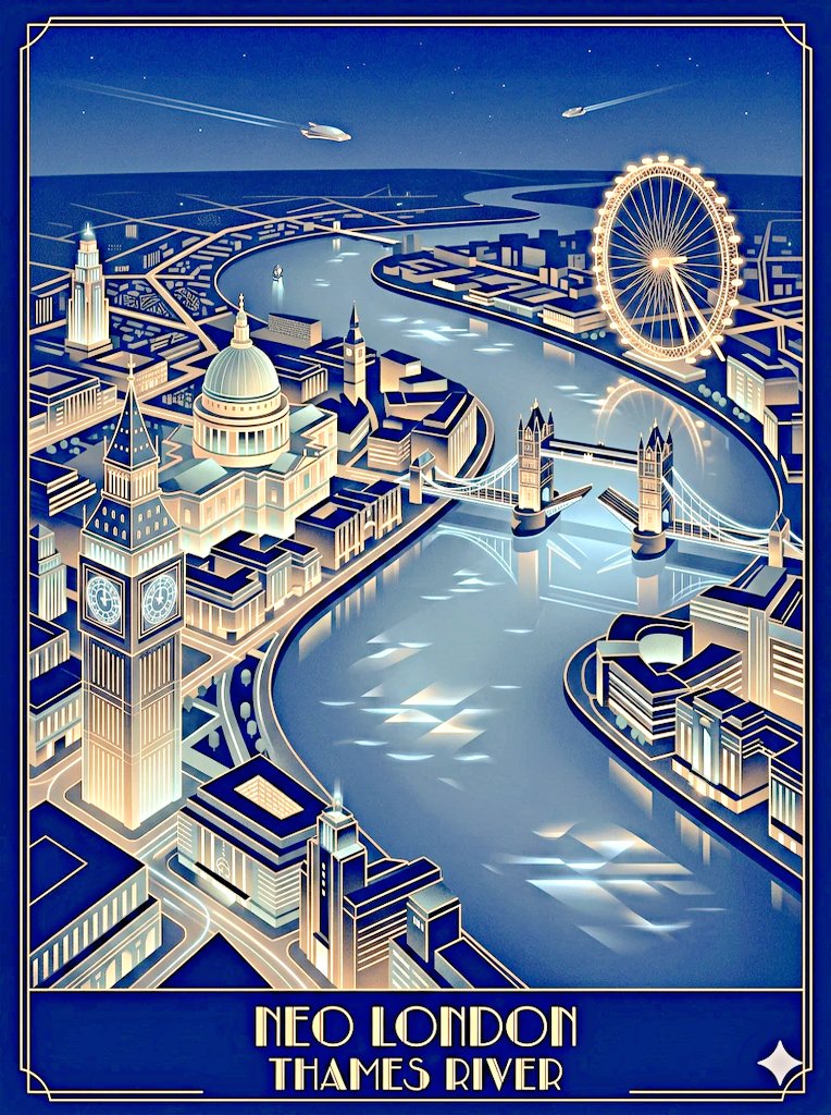 CebeciogluMurat's tweet image. Neo London’un Thames’inden gece bakmak iyi geliyor.

Işıklar geometrik desenlerle tarihi yapıları sakin aydınlatıyor, nehir yansımaları huzurlu.

Gel, sen de bir süre buradan izle.  
Bildirimleri kapat, nefes al. ☕️

#AIArt #ArtDeco #NeoLondon