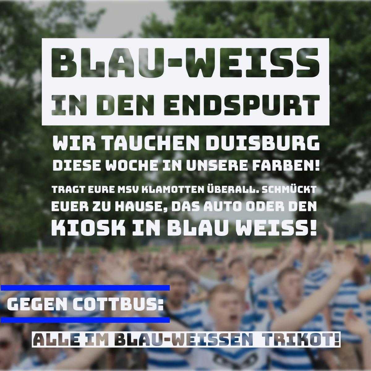 MSVDuisburg's tweet image. Blau-Weiß in den Endspurt! 🔵⚪🏁

Taucht die Stadt in die Farben unserer #ZebraStreifen. Tragt eure #MSV-Kleidung im Alltag: in der Schule, bei der Arbeit, in der Freizeit. Ganz egal! Färbt ganz #Duisburg ab sofort bis zum Cottbus-Spiel in Blau und Weiß! 

#MSVereint