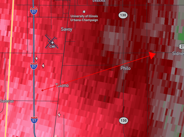 SMapping75888's tweet photo. Tornado on ground approaching Philo as it seems, also a tornado on ground south of Tuscola, a person reported a funnel above their house about 10-15 minutes ago. Tornado warnings in effect for the following areas : Urbana, IL, Tolono, IL, Homer, IL, Tuscola, IL, Arcola, IL. https://t.co/hGU02WMrig