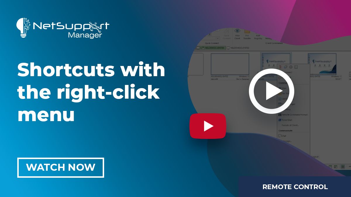 NetSupportNSM's tweet photo. Work smarter with every click.

Watch this video to discover the powerful shortcuts available in the right-click menu in NetSupport Manager - helping you access key tools faster and resolve issues in seconds.

Less searching. More fixing. 

https://t.co/rGxyVKB9Xx https://t.co/nsMT6vXNMP