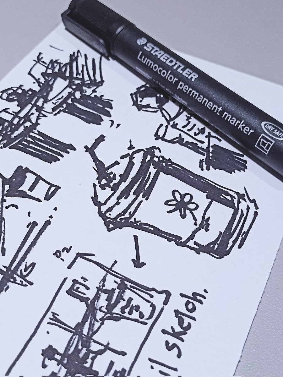 2905memo_note's tweet image. thumbnail sketch เป็นขั้นตอนที่ชอบและสนุกสุด ถูๆ ให้ทันไอเดียที่วิ่งเข้ามาในหัว
👉 ส่วนใหญ่จะถูกใช้ช่วงเวลาก่อนนอนในการสเก็ตช์ ไอเดียต่างๆแบบเร็วๆ เข้าใจคนเดียวก่อนจะลืม ใช้ปากกาเคมีหัวตัดตัวนี้ ก็สนุกดีปาดทีนึงได้เส้นหนาๆแล้ว #sketchbook #thumbnailsketch #marker