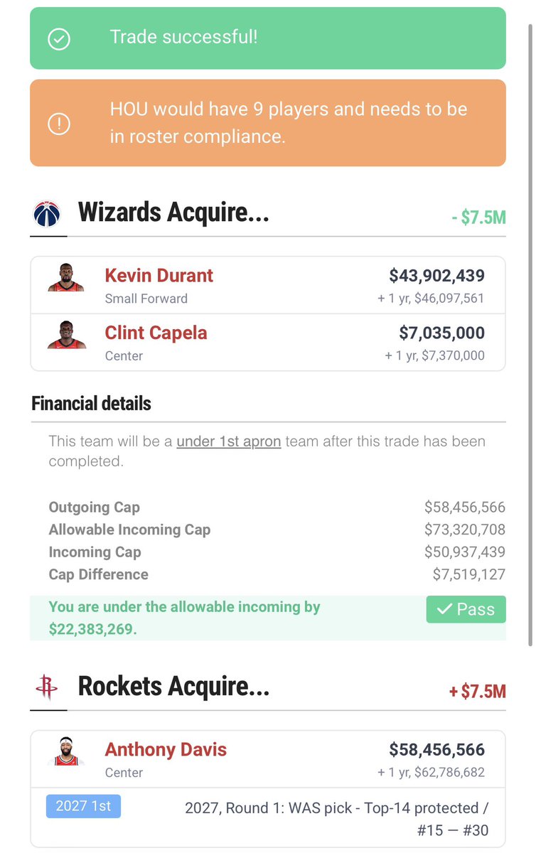 KevinFolliNBA's tweet image. I’m not sure if Kevin Durant would be willing to play his last few years in his hometown but….AD + a 2027 lottery protected first works for KD + Capela in the 2026-2027 league year when KD’s salary reduces from $54.7M to $43.9M. KD would be a much better offensive fit with Sarr