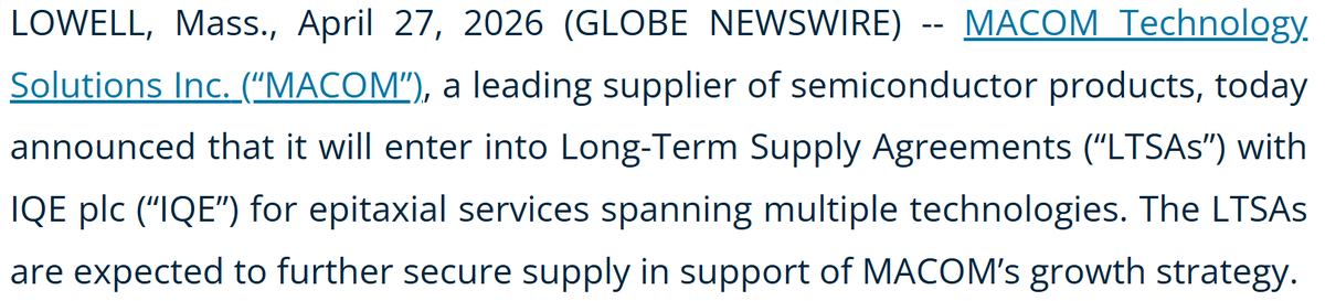 ParadisLabs's tweet image. $IQE to raise £81M:
1. $MTSI invest £45M via equity + CLN + multi-yr LTA for epi wafers
2. Institutional placing + offer to existing UK retail shareholders at 19.8p (58% discount)
3. Participation from existing convertible noteholders (~£23M reinvested)

Proceeds repay bank debt,