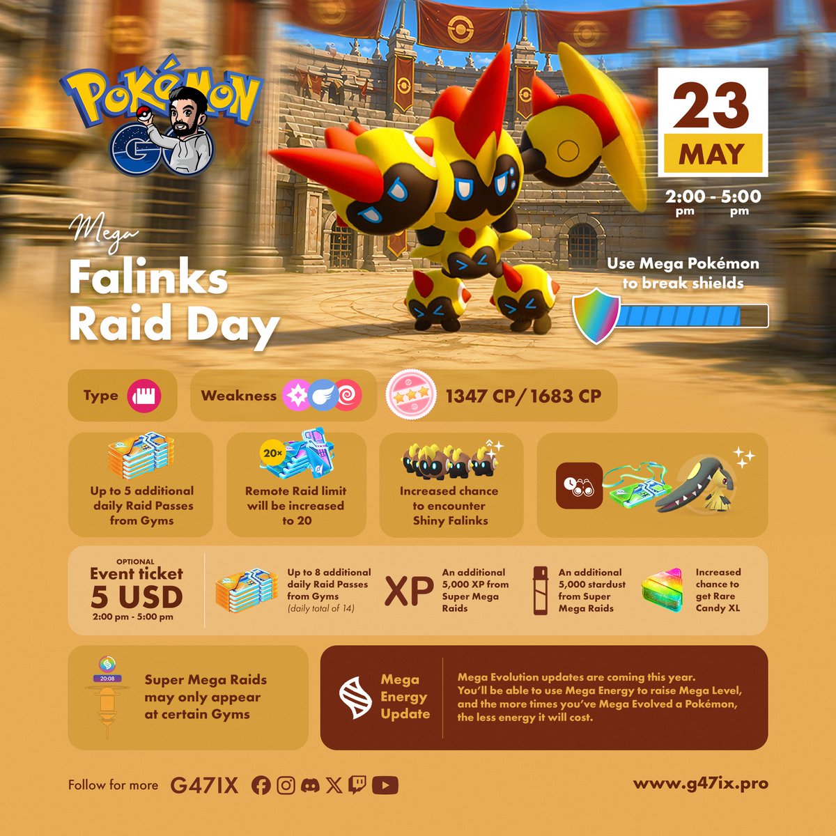 g47ix's tweet image. Mega Falinks will appear in Super Mega Raids in May.
 🛡️ You’ll need to use Mega Pokémon to break shields in those raids.
 #PokemonGO