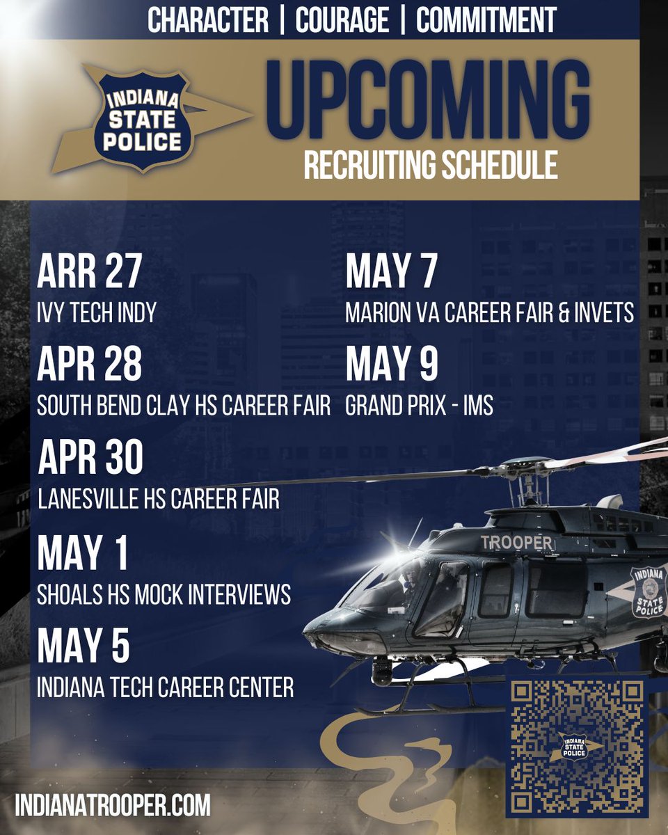ISPRecruiting's tweet photo. 👀Looking ahead to the next two weeks! Here’s where you can find us! Join us at an event to connect with our recruiters and learn more about careers with the Indiana State Police 💙🚔

#IndianaStatePolice #endlessopportunities #careerfair https://t.co/QXOkSzB6fx