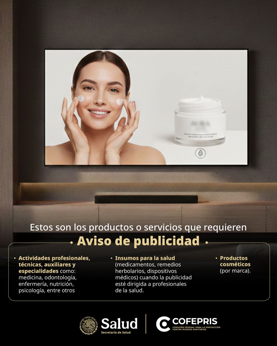 COFEPRIS's tweet photo. ¿Vas a #publicitar un producto o servicio? 📢
Es importante saber si necesitas aviso o permiso de publicidad ante #COFEPRIS
Algunos servicios profesionales, insumos para la salud dirigidos a especialistas o cosméticos requieren aviso, mientras que productos como alimentos, bebidas, plaguicidas, suplementos o servicios de salud necesitan permiso sanitario previo
Conocer esta diferencia te ayuda a cumplir con la regulación y evitar sanciones ✔️