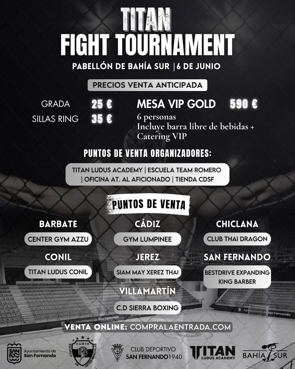 🥊 ¡Primer combate confirmado para el Titan Fight Tournament! 

🎟️ ¡Las entradas para la velada del 6 de junio en Bahía Sur se podrán adquirir físicamente en diferentes puntos de la provincia! 

📲 Online aquí: 

cdsanfernando1940.compralaentrada.com/experiencias

#CDSanFernando1940