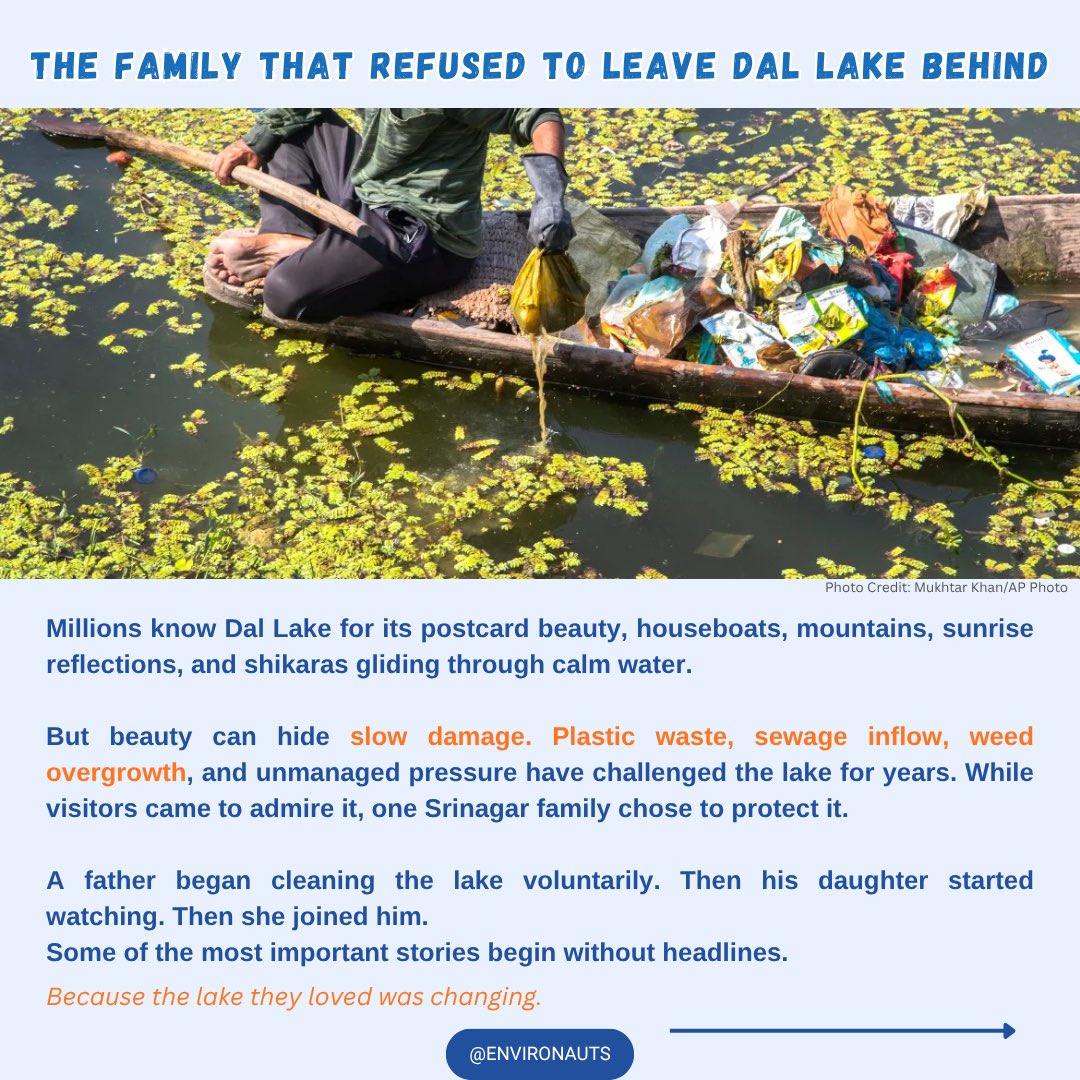 coralsanimation's tweet photo. Most people know Dal Lake for its beauty.
Few know the family that kept showing up when no one was watching.

For years, Tariq Ahmad Patloo helped clean parts of Dal Lake, removing floating waste and debris from one of Kashmir’s most iconic lakes.

Then his daughter Jannat joined him. 🧵👇 #j&k #kashmir #dallake