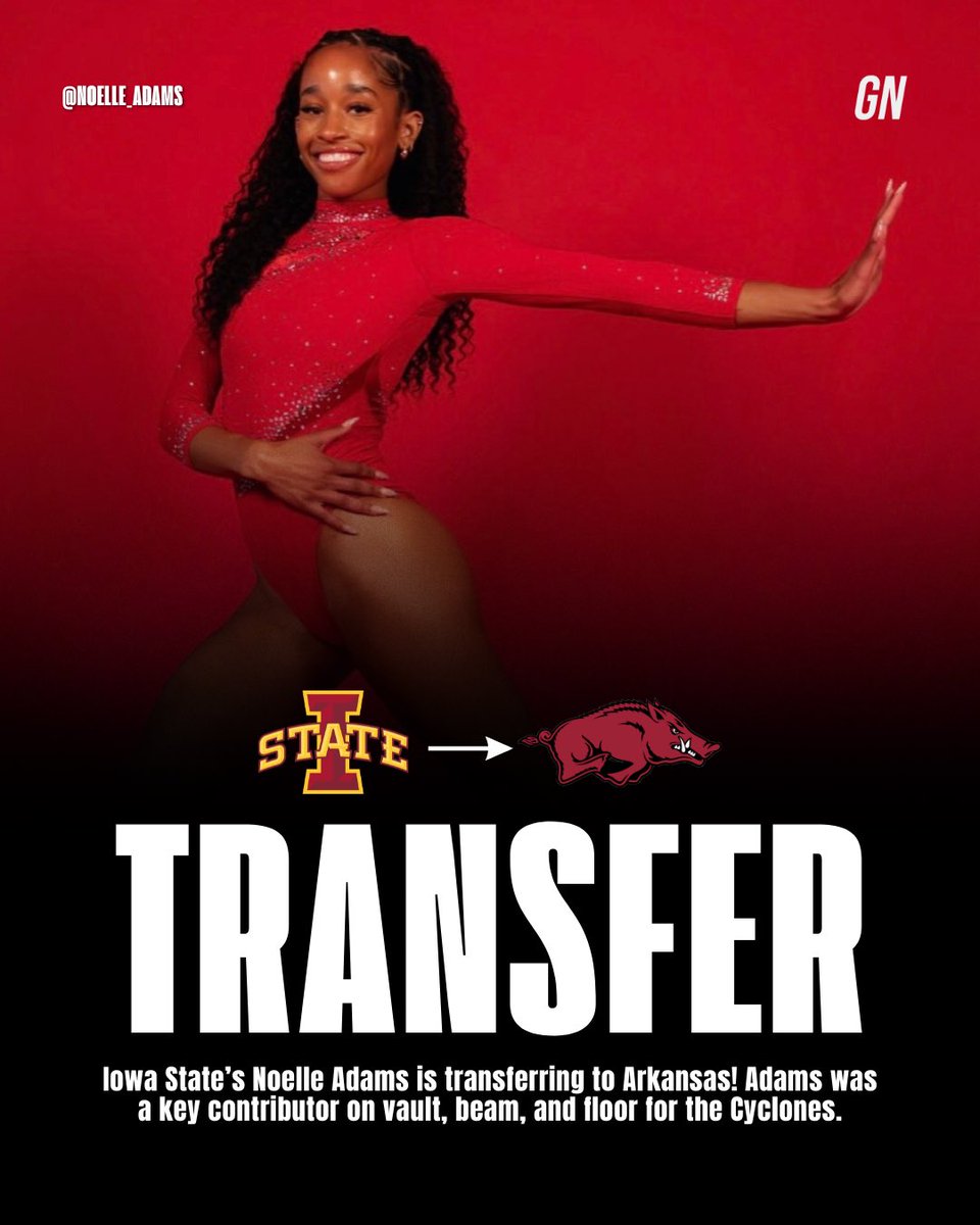 Gymnastics_Now's tweet photo. Another season, another major get for Arkansas in the transfer portal! Iowa State’s Noelle Adams is off the board! 

#NCAAgym https://t.co/GMns9hBaxp