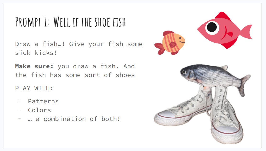 CheusBurger's tweet photo. i make sketchbook warmup prompts for my kids and this one was my favorite from this week 🐟👟 https://t.co/xoNFki7JrY